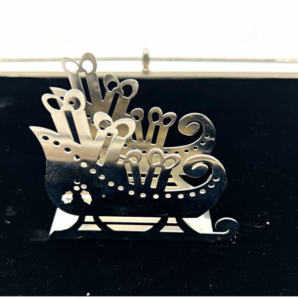 Silver Metal Santa Sleigh Napkin Holder Christmas Holiday Table Decor